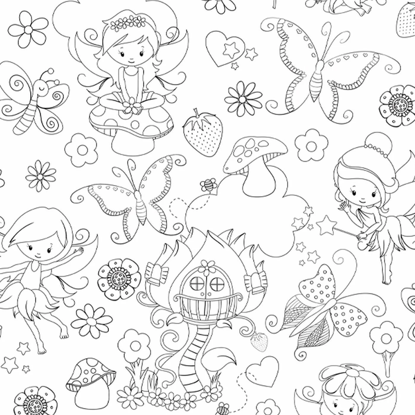 Baumwolle, Ausmalstoff Feen & Elfen. Hochwertige Popeline 1 Baumwolle, Ausmalstoff Feen & Elfen. Hochwertige Popeline