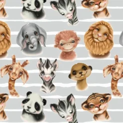 Bio-Jersey, Smiling Friends, Tiere Auf Streifen Grau