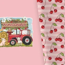 Bio-Jersey WUNSCHNAME Panel + Kombistoff Little Farm, Trecker Rosa, 2 In 1