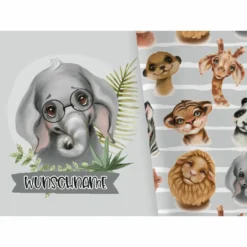 Bio-Jersey WUNSCHNAME Panel + Kombistoff Smiling Friends, Elefant Grau, 2 In 1