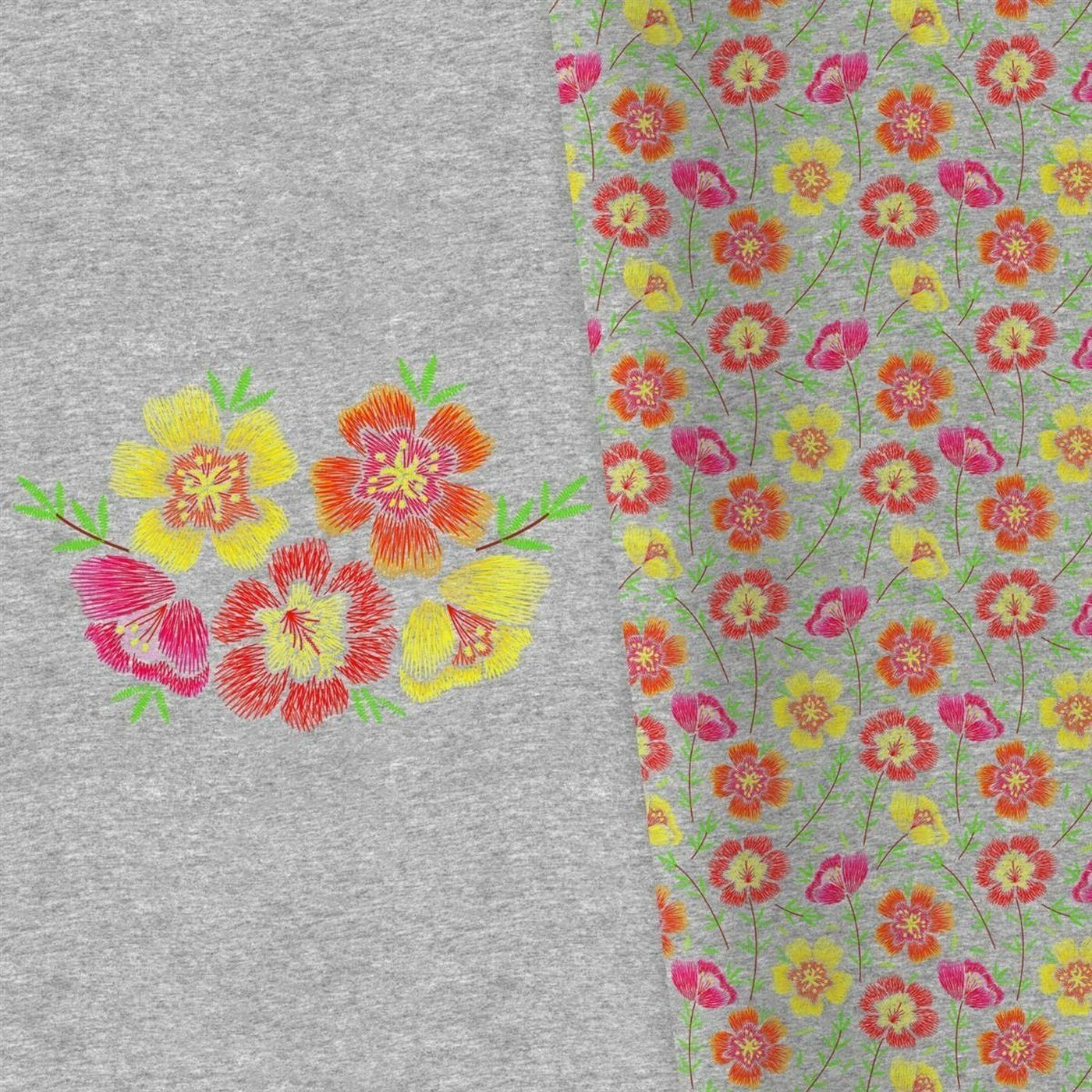 Bio-Sommersweat, XL PANEL + Kombistoff, Embroidery, 5 Blüten, Grau Melange 1 Bio-Sommersweat, XL PANEL + Kombistoff, Embroidery, 5 Blüten, Grau Melange
