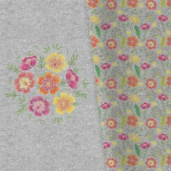 Bio-Sommersweat, XL PANEL + Kombistoff, Embroidery, 7 Blüten, Grau Melange