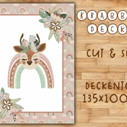 Hochw. BIO-Krabbeldecke / Krabbeldeckentop, 135x100cm, Regenbogen Reh, Weiche, ägyptische Baumwolle