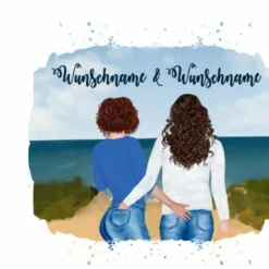 Hochw. Kissen-Panel Frauen Paar Am See, Wunschnamen + Wunschfrisuren