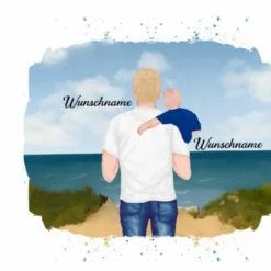 Hochw. Kissen-Panel, Vater & Kind (Baby) Am Strand , Wunschnamen + Wunschfrisuren,