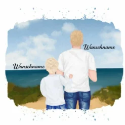 Hochw. Kissen-Panel Vater & Kind (Grundschulkind) Am Strand , Wunschnamen + Wunschfrisuren