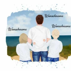 Hochw. Kissen-Panel, Vater & Kinder (2x Grundschulkind) Am Strand , Wunschnamen + Wunschfrisuren