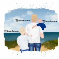 Hochw. Kissen-Panel, Vater & Kinder (Baby & Grundschulkind) Am Strand , Wunschnamen + Wunschfrisuren