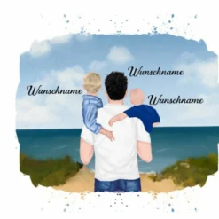 Hochw. Kissen-Panel, Vater & Kinder (Baby & Kleinkind) Am Strand , Wunschnamen + Wunschfrisuren