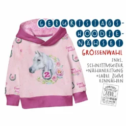 Nähset 2. Geburtstag Hoodie Pferde, Inkl. Schnittmuster, Anleitung, 104