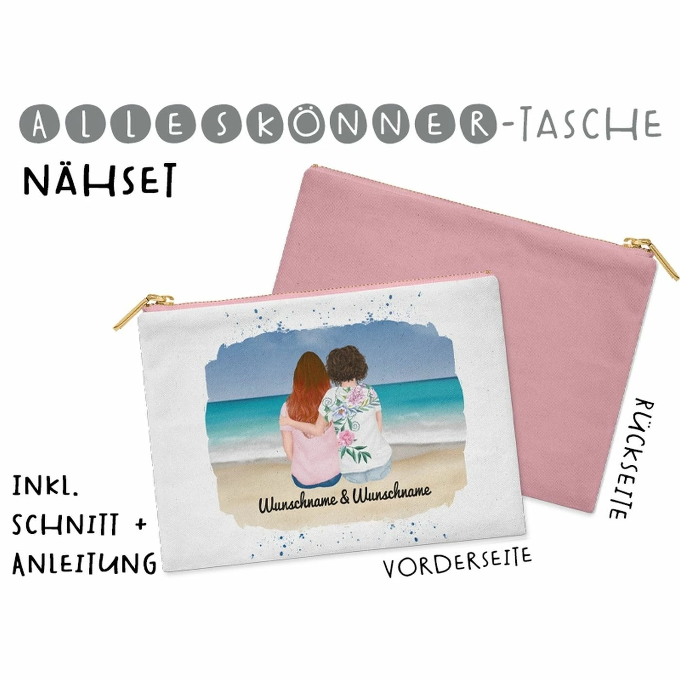 Nähset Alleskönner Tasche, Frauen Paar Am Meer, Wunschnamen + Wunschfrisuren, Inkl. Schnittmuster 1 Nähset Alleskönner Tasche, Frauen Paar Am Meer, Wunschnamen + Wunschfrisuren, Inkl. Schnittmuster