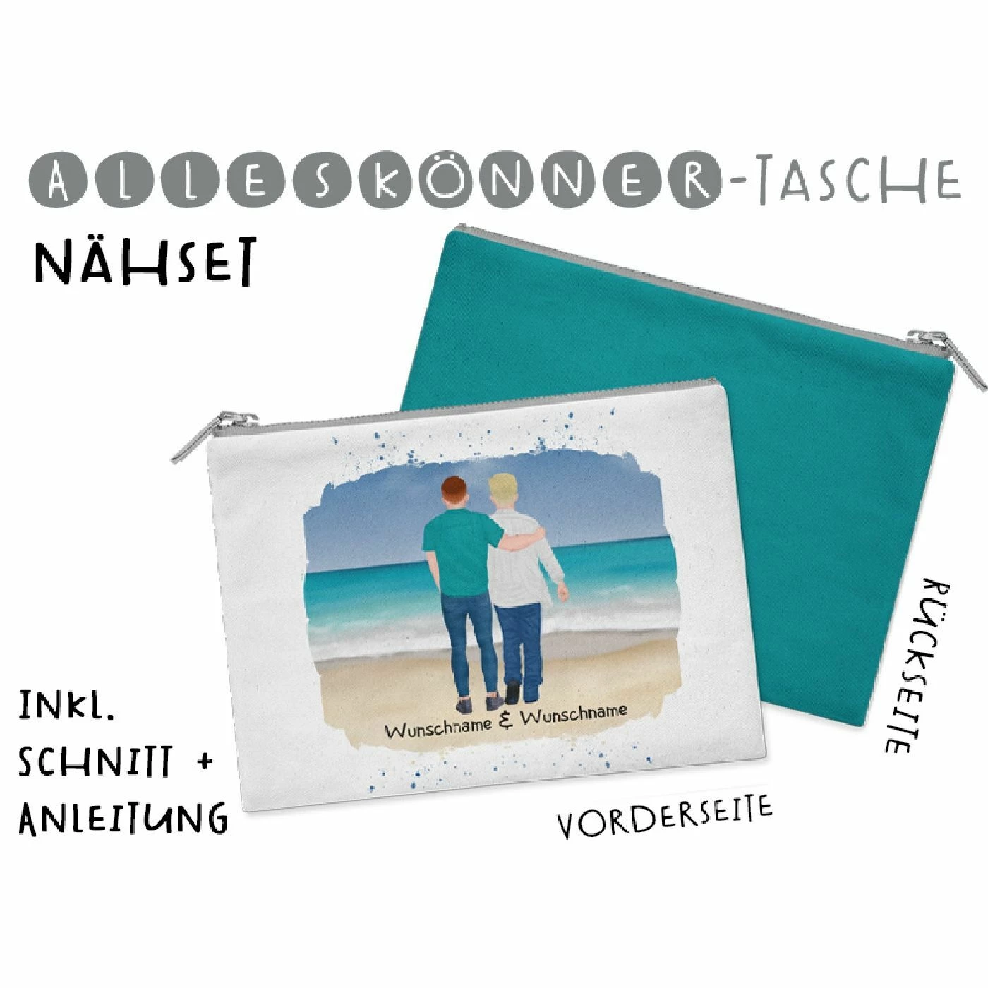 Nähset Alleskönner Tasche, Männer Paar Am Meer, Wunschnamen + Wunschfrisuren,, Inkl. Schnittmuster 1 Nähset Alleskönner Tasche, Männer Paar Am Meer, Wunschnamen + Wunschfrisuren,, Inkl. Schnittmuster
