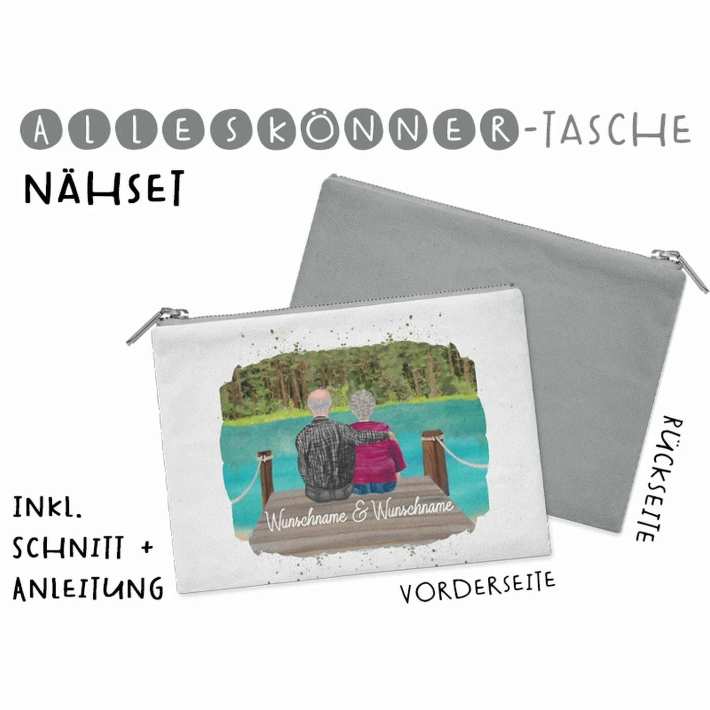 Nähset Alleskönner Tasche, Oma Und Opa Am See, Wunschnamen + Wunschfrisuren, Inkl. Schnittmuster 1 Nähset Alleskönner Tasche, Oma Und Opa Am See, Wunschnamen + Wunschfrisuren, Inkl. Schnittmuster