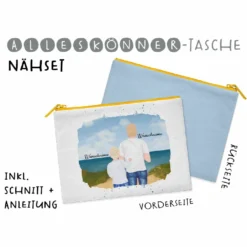 Nähset Alleskönner Tasche, Vater & Kind (Grundschulkind) Am Strand , Wunschnamen + Wunschfrisuren, Inkl. Schnittmuster