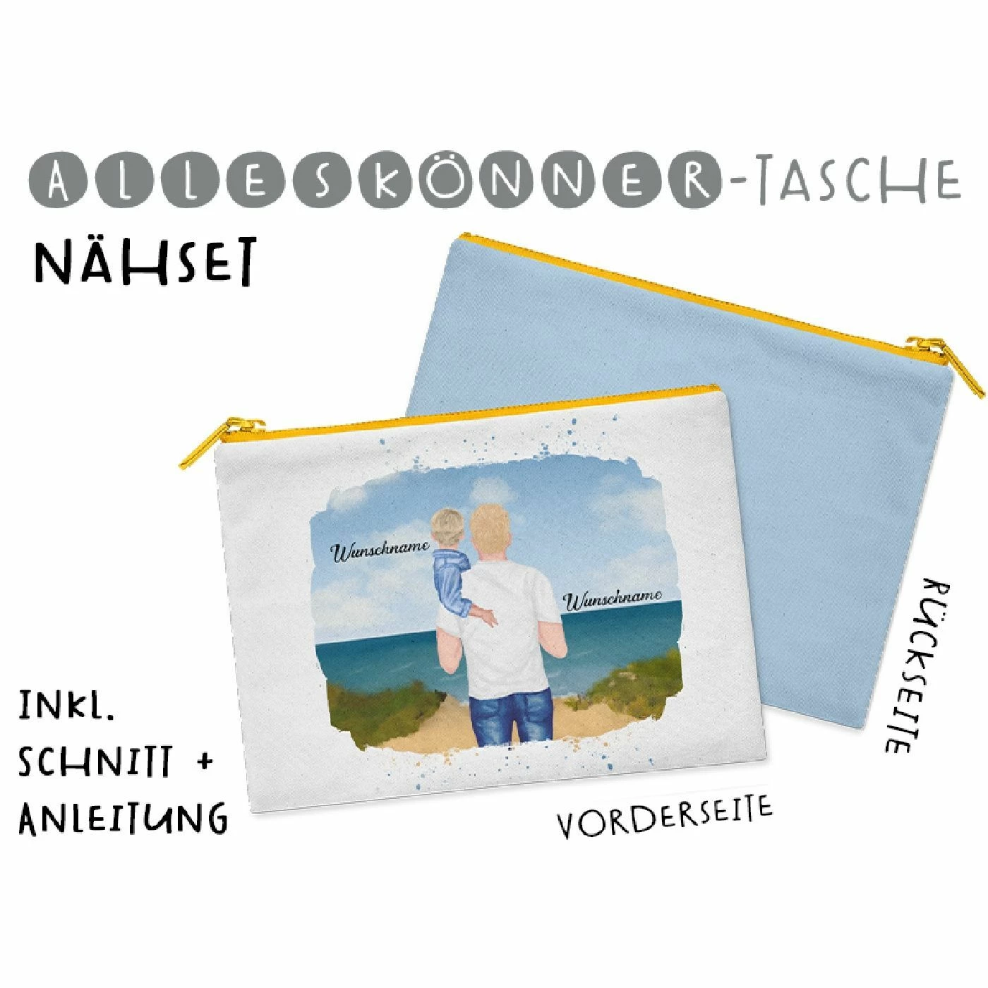 Nähset Alleskönner Tasche, Vater & Kind (Kleinkind) Am Strand , Wunschnamen + Wunschfrisuren, Inkl. Schnittmuster 1 Nähset Alleskönner Tasche, Vater & Kind (Kleinkind) Am Strand , Wunschnamen + Wunschfrisuren, Inkl. Schnittmuster