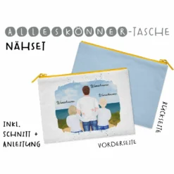 Nähset Alleskönner Tasche, Vater & Kinder (2x Grundschulkind) Am Strand , Wunschnamen + Wunschfrisuren, Inkl. Schnittmuster