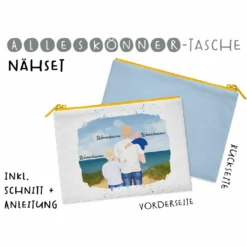 Nähset Alleskönner Tasche, Vater & Kinder (Baby & Grundschulkind) Am Strand , Wunschnamen + Wunschfrisuren, Inkl. Schnittmuster