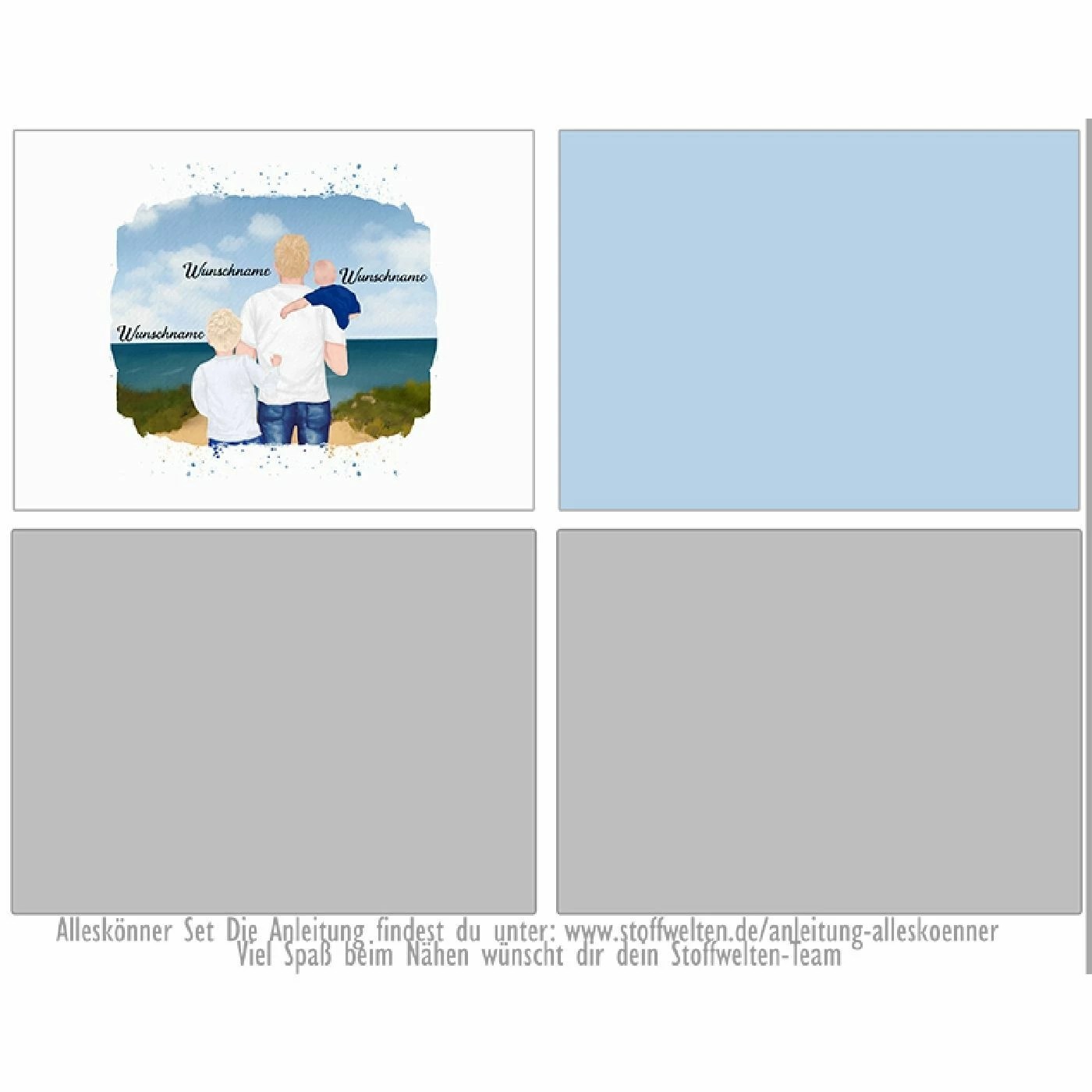 Nähset Alleskönner Tasche, Vater & Kinder (Baby & Grundschulkind) Am Strand , Wunschnamen + Wunschfrisuren, Inkl. Schnittmuster 2 Nähset Alleskönner Tasche, Vater & Kinder (Baby & Grundschulkind) Am Strand , Wunschnamen + Wunschfrisuren, Inkl. Schnittmuster – Bild 2