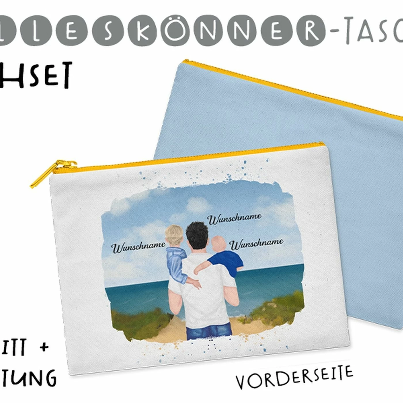 Nähset Alleskönner Tasche, Vater & Kinder (Baby & Kleinkind) Am Strand , Wunschnamen + Wunschfrisuren, Inkl. Schnittmuster 1 Nähset Alleskönner Tasche, Vater & Kinder (Baby & Kleinkind) Am Strand , Wunschnamen + Wunschfrisuren, Inkl. Schnittmuster