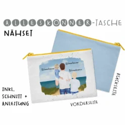 Nähset Alleskönner Tasche, Vater & Kinder (Kleinkind & Grundschulkind) Am Strand , Wunschnamen + Wunschfrisuren, Inkl. Schnittmuster
