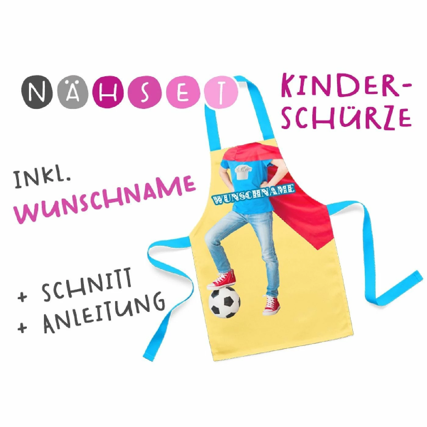 Nähset Kinder-Schürze Mit WUNSCHNAME, Helden Junge, Inkl. Schnittmuster + Anleitung 1 Nähset Kinder-Schürze Mit WUNSCHNAME, Helden Junge, Inkl. Schnittmuster + Anleitung