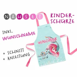 Nähset Kinder-Schürze Mit WUNSCHNAME, Meerjungfrau & Schildkröten, Inkl. Schnittmuster + Anleitung