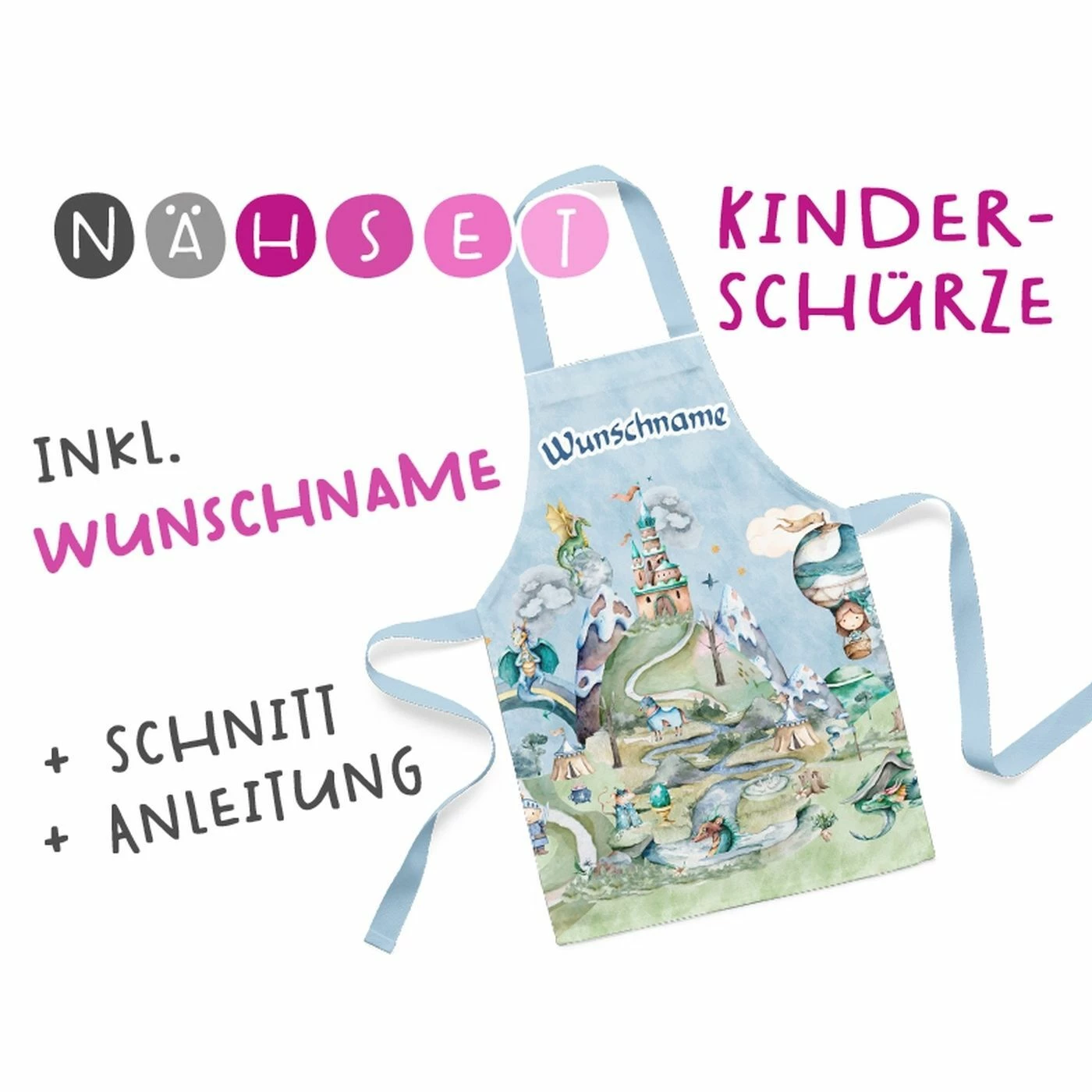 Nähset Kinder-Schürze Mit WUNSCHNAME, Once Upon A Time, Ritter, Inkl. Schnittmuster + Anleitung 1 Nähset Kinder-Schürze Mit WUNSCHNAME, Once Upon A Time, Ritter, Inkl. Schnittmuster + Anleitung