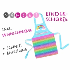 Nähset Kinder-Schürze Mit WUNSCHNAME, Regenbogen Pferde, Inkl. Schnittmuster + Anleitung