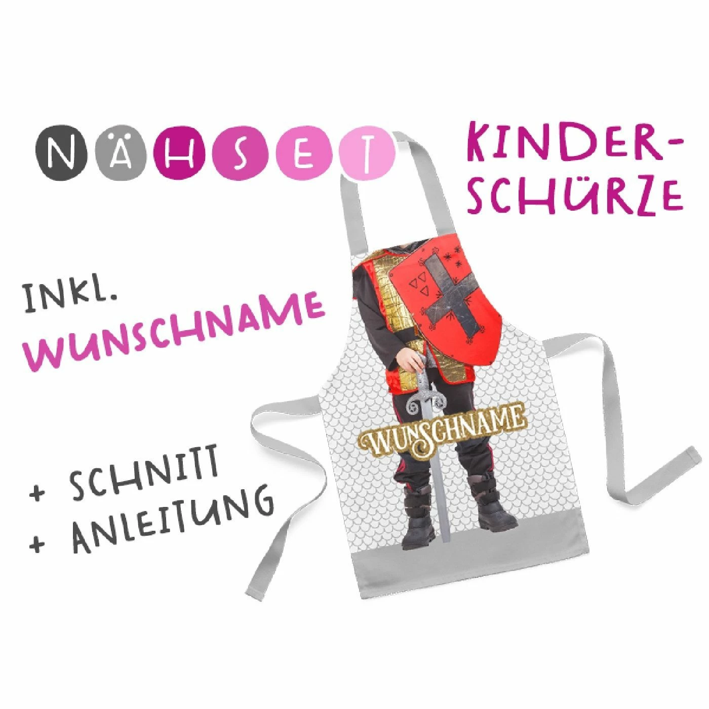Nähset Kinder-Schürze Mit WUNSCHNAME, Ritter, Inkl. Schnittmuster + Anleitung 1 Nähset Kinder-Schürze Mit WUNSCHNAME, Ritter, Inkl. Schnittmuster + Anleitung