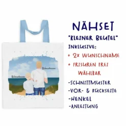 Nähset Tasche, Vater & Kind (Grundschulkind) Am Strand , Wunschnamen + Wunschfrisuren, Canvas