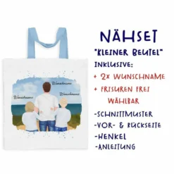 Nähset Tasche, Vater & Kinder (2x Grundschulkind) Am Strand , Wunschnamen + Wunschfrisuren, Canvas