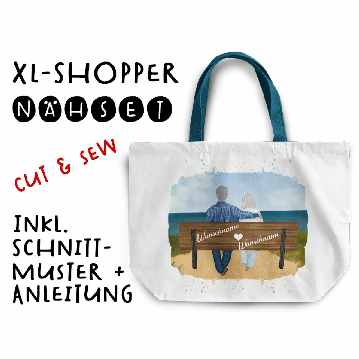 Nähset XL Shopper-Bag Oma & Opa Auf Der Bank, Wunschnamen + Wunschfrisuren, Inkl. Schnittmuster 1 Nähset XL Shopper-Bag Oma & Opa Auf Der Bank, Wunschnamen + Wunschfrisuren, Inkl. Schnittmuster