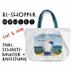 Nähset XL Shopper-Bag, Vater & Kind (Baby) Am Strand , Wunschnamen + Wunschfrisuren