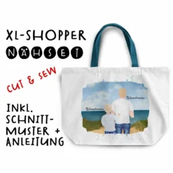 Nähset XL Shopper-Bag, Vater & Kind (Grundschulkind) Am Strand , Wunschnamen + Wunschfrisuren