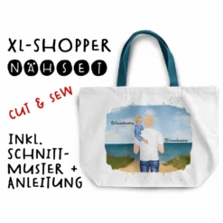 Nähset XL Shopper-Bag, Vater & Kind (Kleinkind) Am Strand , Wunschnamen + Wunschfrisuren, Inkl. Schnittmuster