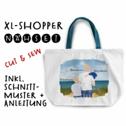Nähset XL Shopper-Bag, Vater & Kinder (Baby & Grundschulkind) Am Strand , Wunschnamen + Wunschfrisuren, Inkl. Schnittmuster