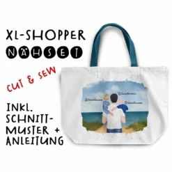 Nähset XL Shopper-Bag, Vater & Kinder (Baby & Kleinkind) Am Strand , Wunschnamen + Wunschfrisuren, Inkl. Schnittmuster