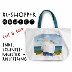Nähset XL Shopper-Bag, Vater & Sohn (Tennager) Am Strand , Wunschnamen + Wunschfrisuren, Inkl. Schnittmuster