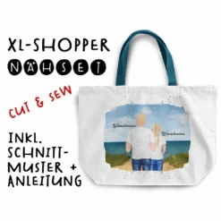 Nähset XL Shopper-Bag Vater & Tochter (Teenager) Am Strand, Wunschnamen + Wunschfrisuren Inkl. Schnittmuster