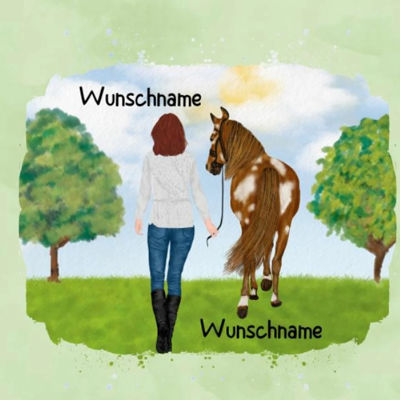 Panel Frau Neben Pferd, Wunschnamen, Wunschfrisuren + Pferde Zur Auswahl, Bio-Jersey 1 Panel Frau Neben Pferd, Wunschnamen, Wunschfrisuren + Pferde Zur Auswahl, Bio-Jersey