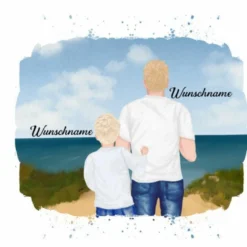Panel Vater & Kind (Grundschulkind) Am Strand , Wunschnamen + Wunschfrisuren, Bio-Jersey