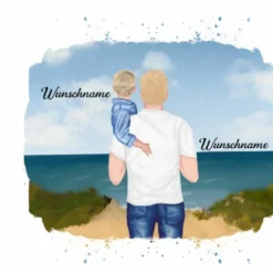 Panel Vater & Kind (Kleinkind) Am Strand , Wunschnamen + Wunschfrisuren, Bio-Jersey