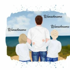 Panel Vater & Kinder (2x Grundschulkind) Am Strand , Wunschnamen + Wunschfrisuren, Bio-Jersey