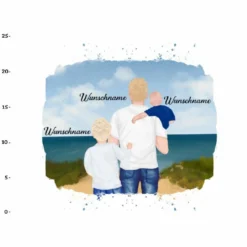 Panel Vater & Kinder (Baby & Grundschulkind) Am Strand , Wunschnamen + Wunschfrisuren, Bio-Jersey