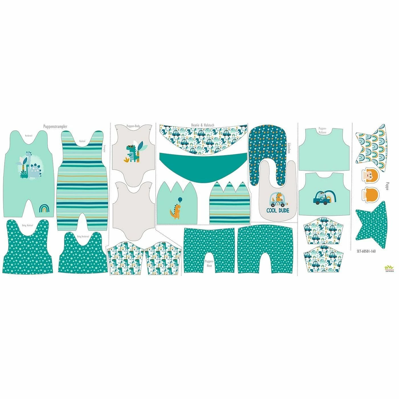 Puppenkleidung SET 8 Tlg. "Unisex" Dino (Nähset) 2 Puppenkleidung SET 8 Tlg. "Unisex" Dino (Nähset) – Bild 2