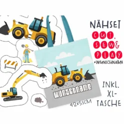 XL Cut, Sew & Play Nähset Inkl. Großer Tasche WUNSCHNAME Baufahrzeuge, Canvas,
