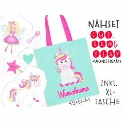 XL Cut, Sew & Play Nähset Inkl. Großer Tasche WUNSCHNAME Einhornliebe Canvas