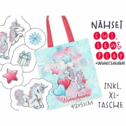 XL Cut, Sew & Play Nähset Inkl. Großer Tasche WUNSCHNAME Ella Einhorn Canvas