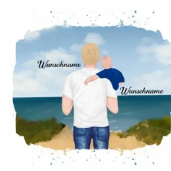 XL Panel Vater & Kind (Baby) Am Strand , Wunschnamen + Wunschfrisuren, Bio-Jersey