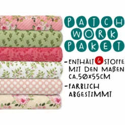 XL Patchworkpaket, 6 Designs, Blumig, Stoffpaket Baumwolle, Hochwertige Popeline